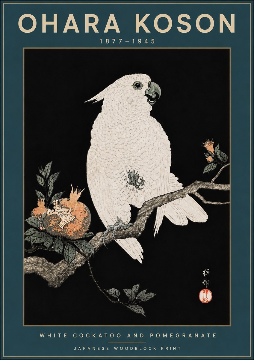 Ohara Koson White Cockatoo and Pomegranate II No3 - Plakát