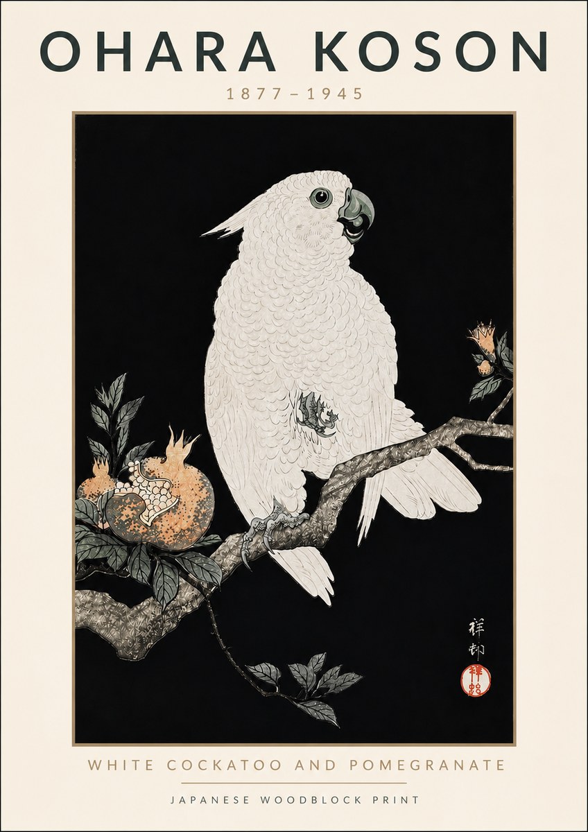 Ohara Koson White Cockatoo and Pomegranate II No4 - Plakát