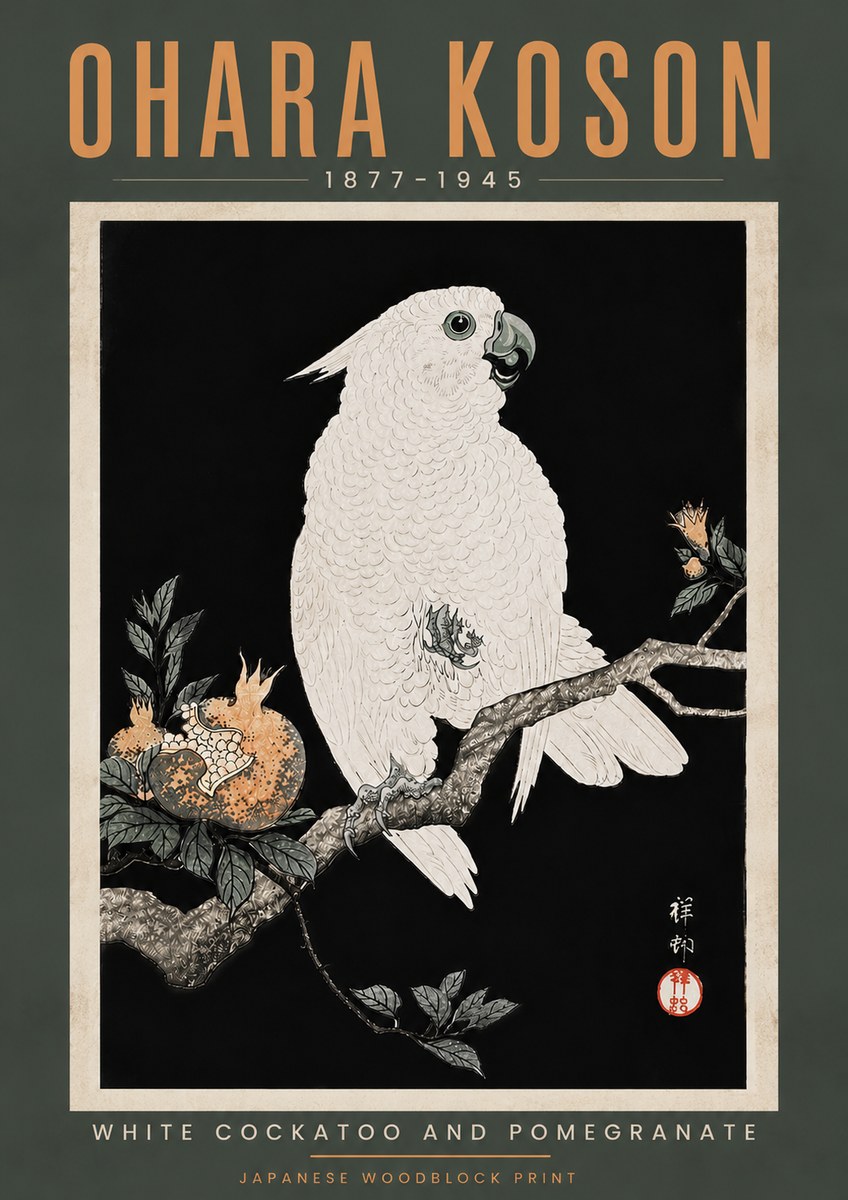 Ohara Koson White Cockatoo and Pomegranate II No5 - Plakát
