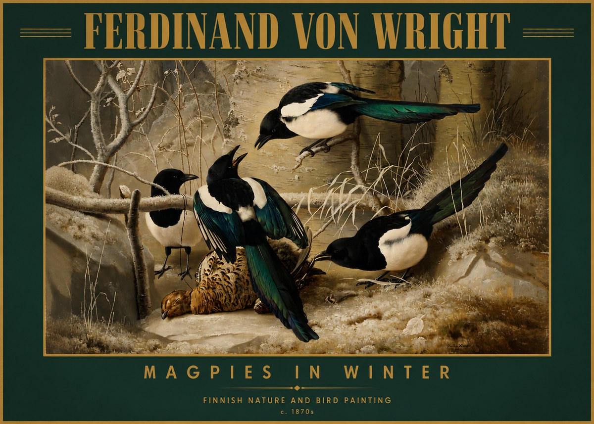Ferdinand von Wright Magpies in Winter No2 - Plakát