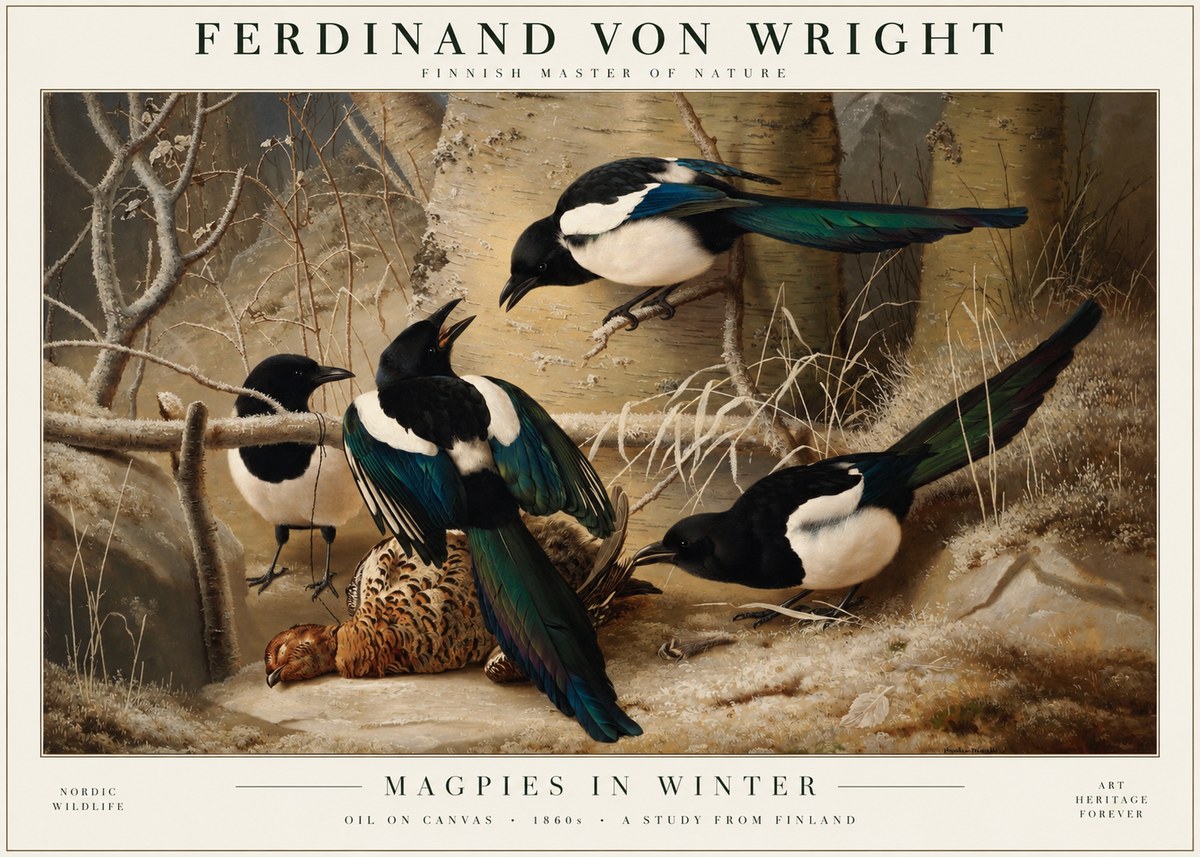 Ferdinand von Wright Magpies in Winter No4 - Plakát