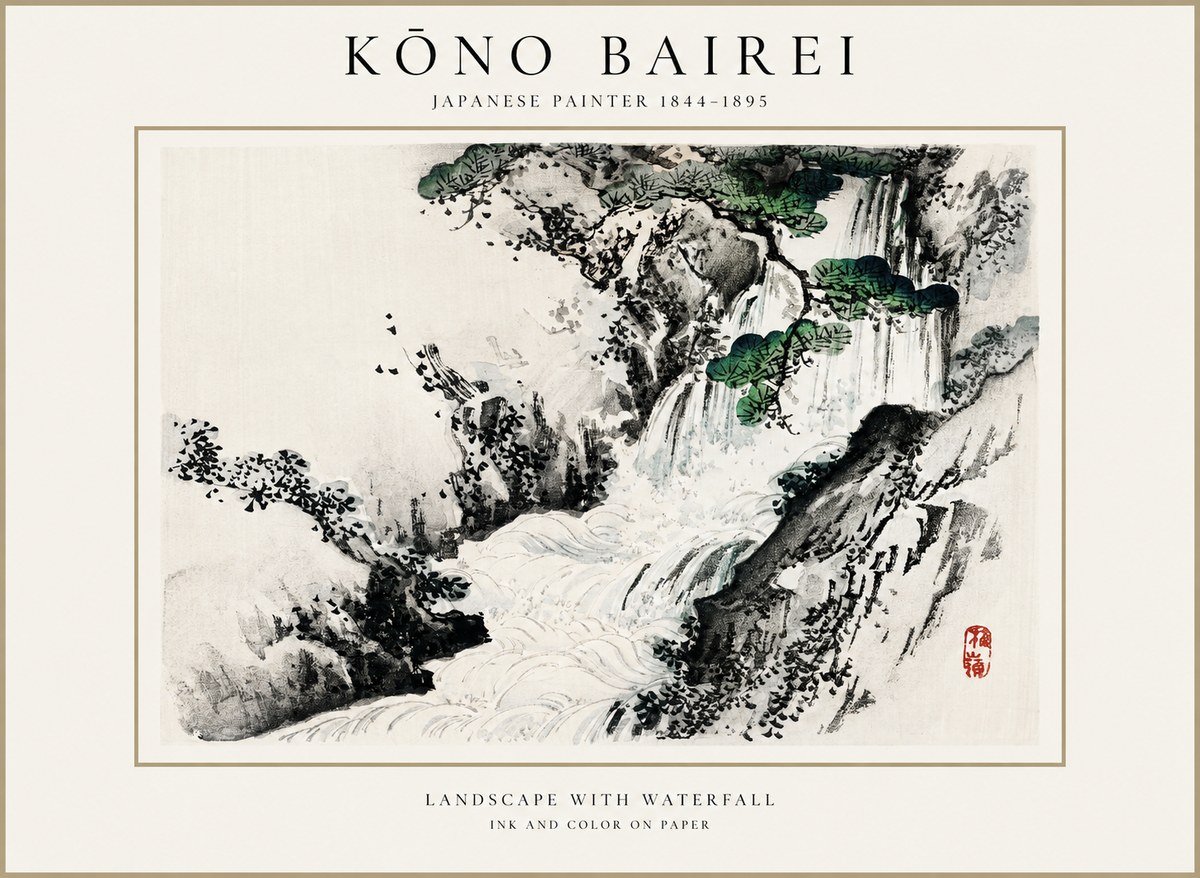 Kōno Bairei Landscape with Waterfall No1 - Plakát