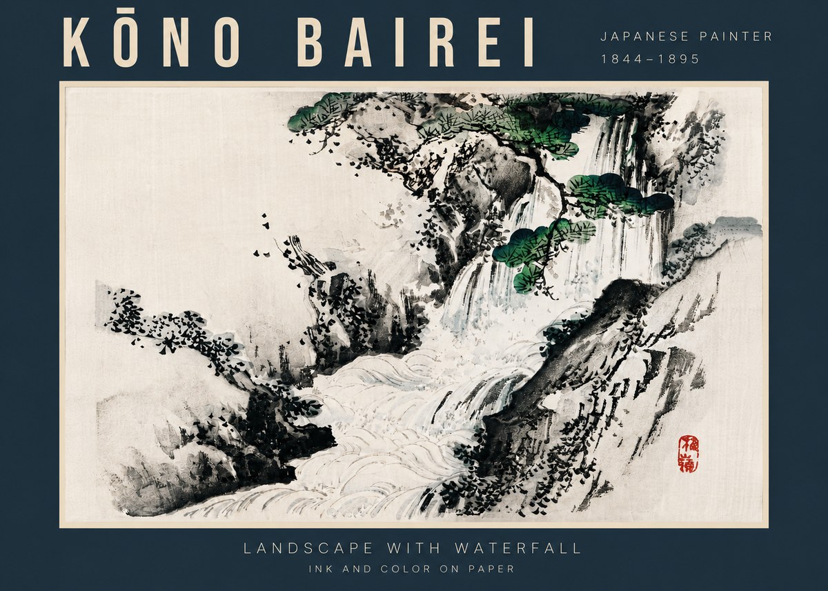 Kōno Bairei Landscape with Waterfall No4 - Plakát