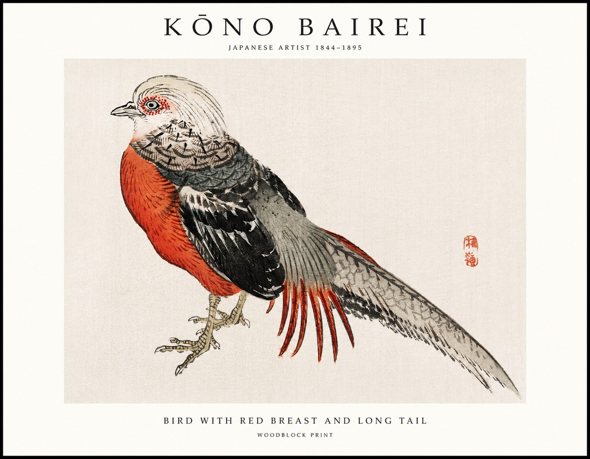 Kōno Bairei Bird with Red Breast and Long Tail No1 - Plakát