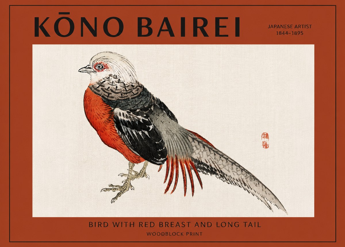 Kōno Bairei Bird with Red Breast and Long Tail No2 - Plakát