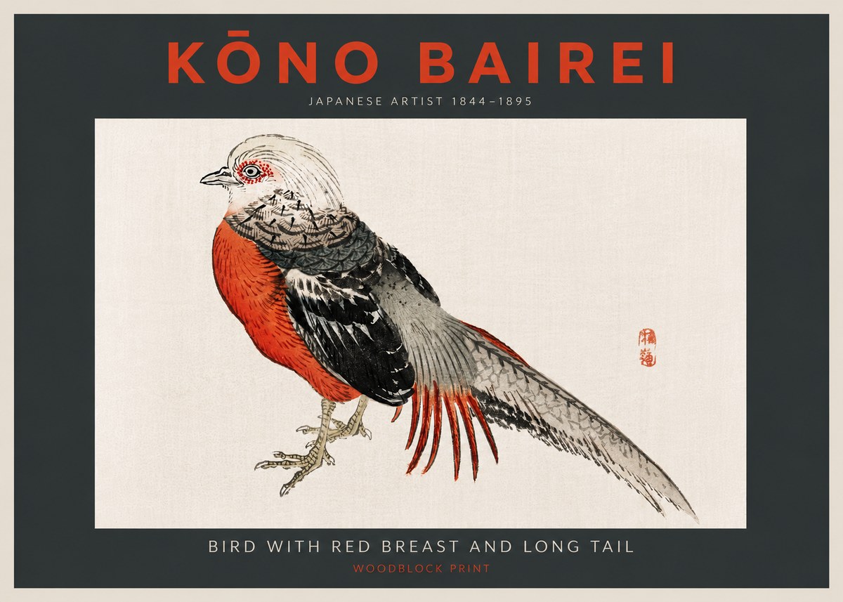 Kōno Bairei Bird with Red Breast and Long Tail No4 - Plakát