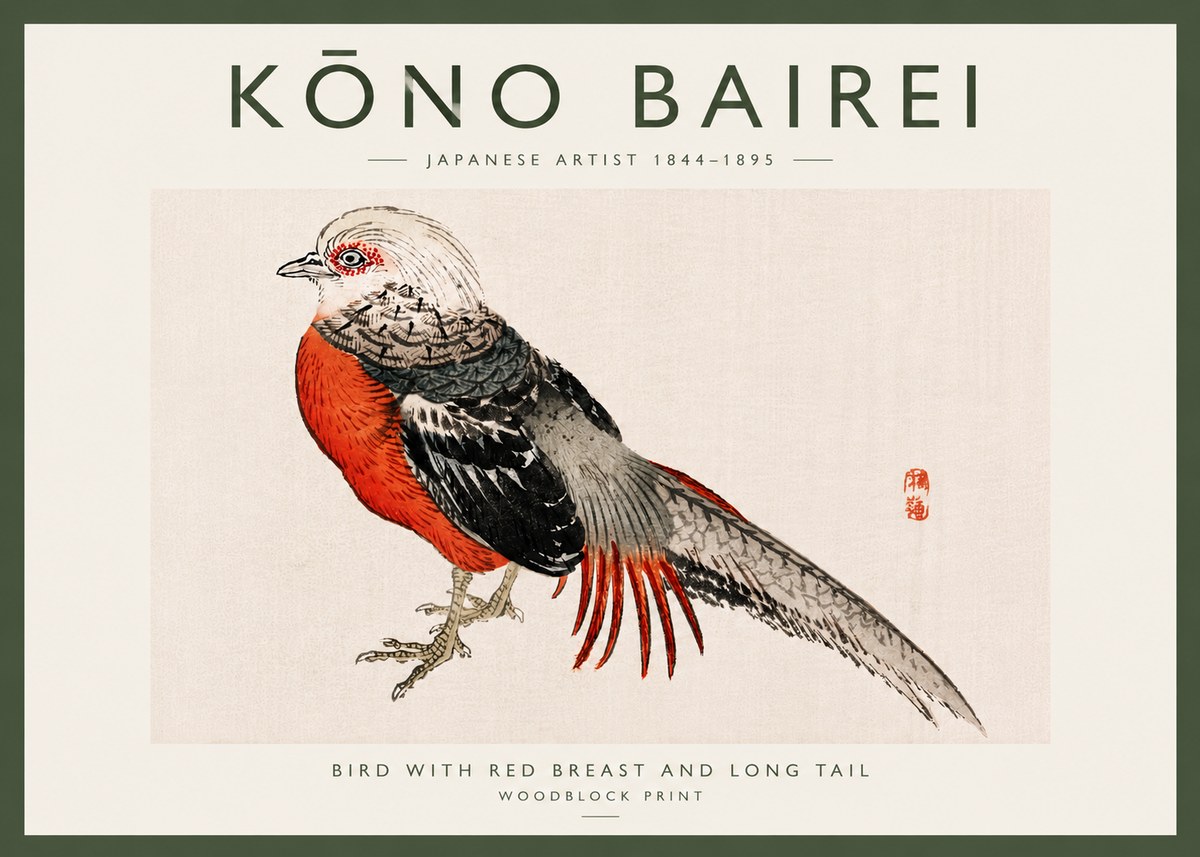 Kōno Bairei Bird with Red Breast and Long Tail No6 - Plakát
