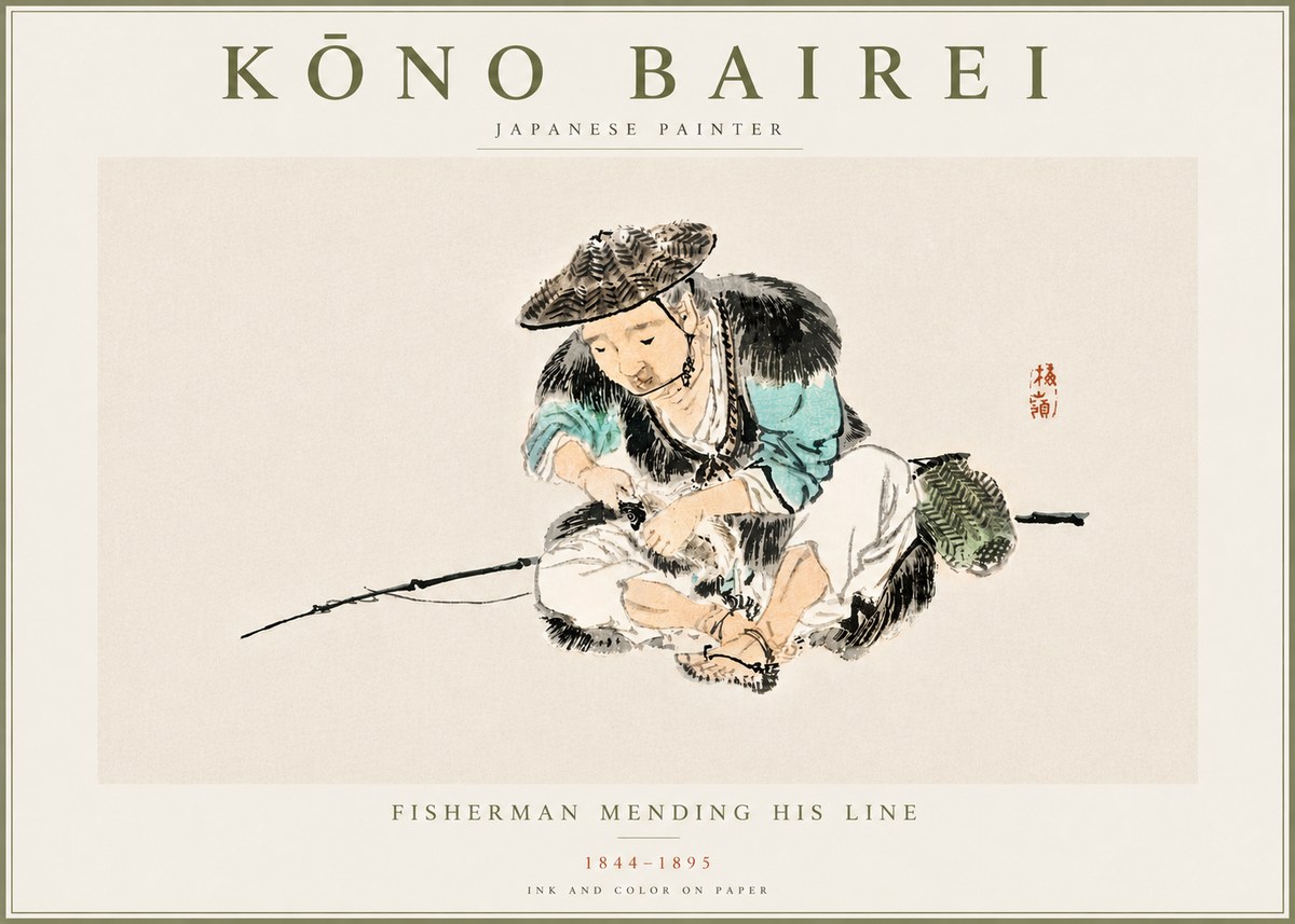 Kōno Bairei Fisherman Mending His Line No5 - Plakát