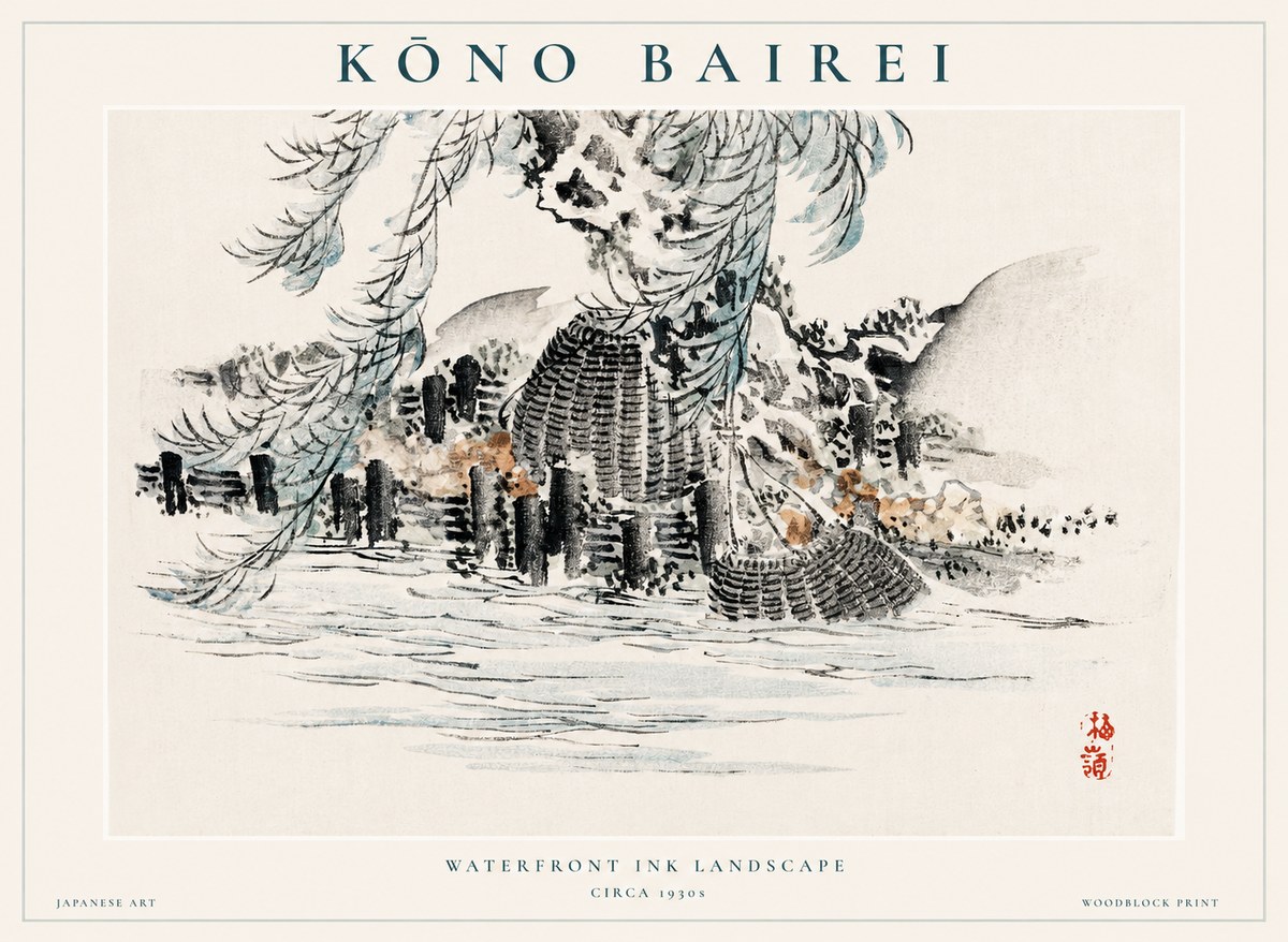 Kōno Bairei Waterfront Ink Landscape No1 - Plakát