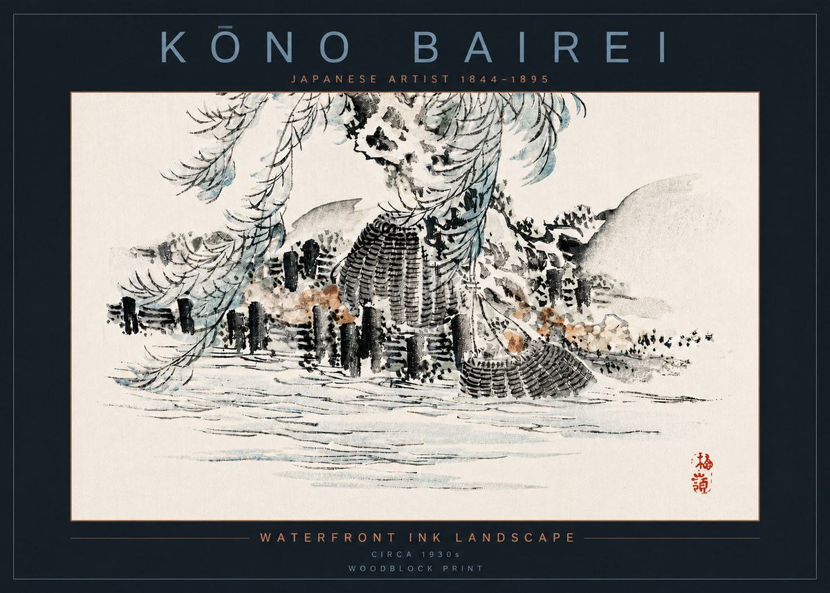 Kōno Bairei Waterfront Ink Landscape No4 - Plakát