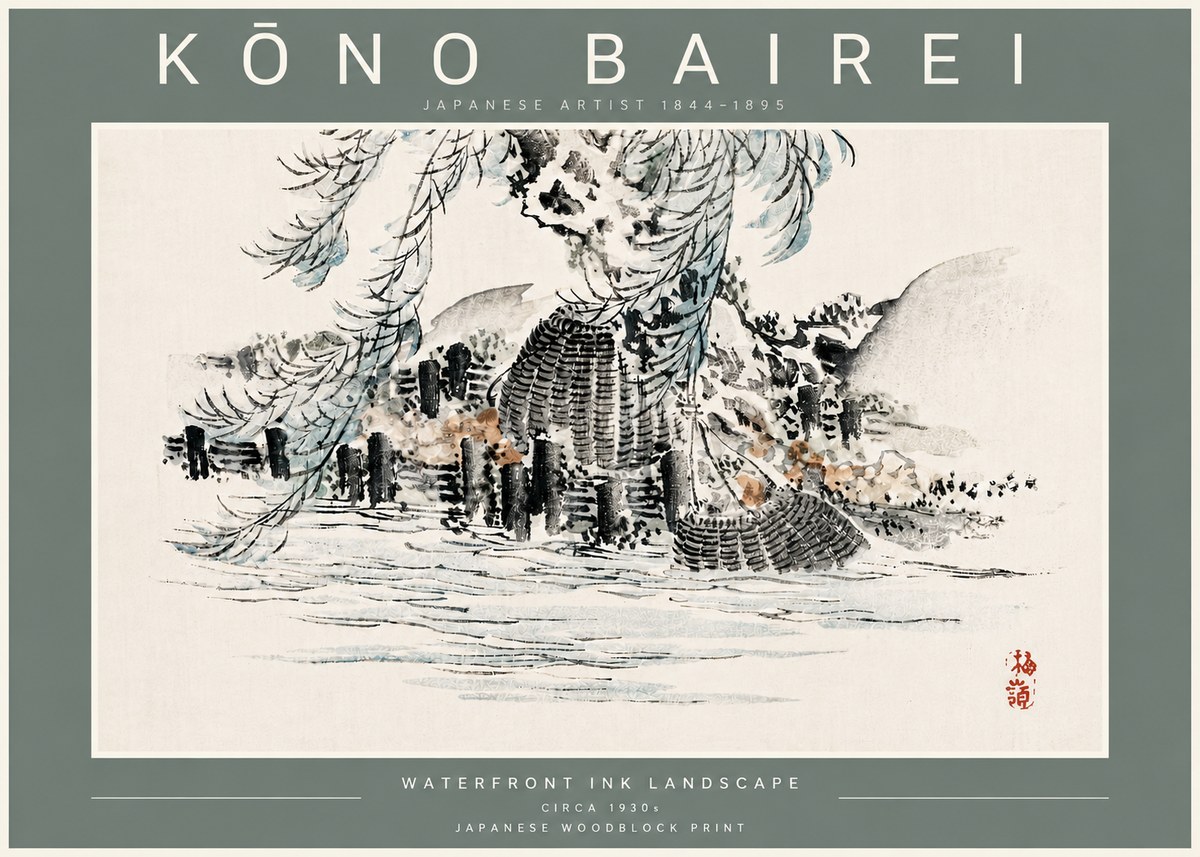 Kōno Bairei Waterfront Ink Landscape No5 - Plakát