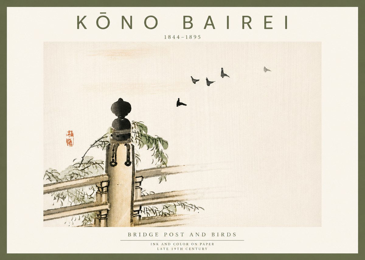 Kōno Bairei Bridge Post and Birds No6 - Plakát