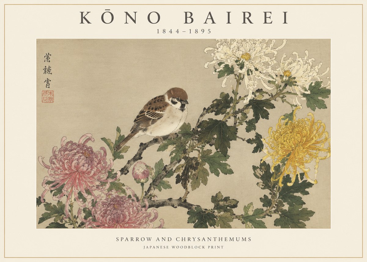 Kōno Bairei Sparrow and Chrysanthemums No1 - Plakát