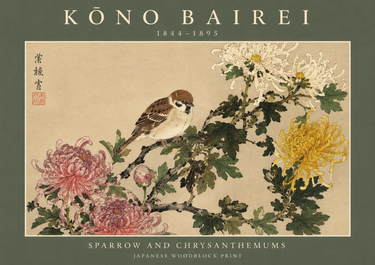 Kōno Bairei Sparrow and Chrysanthemums No2 - Plakát