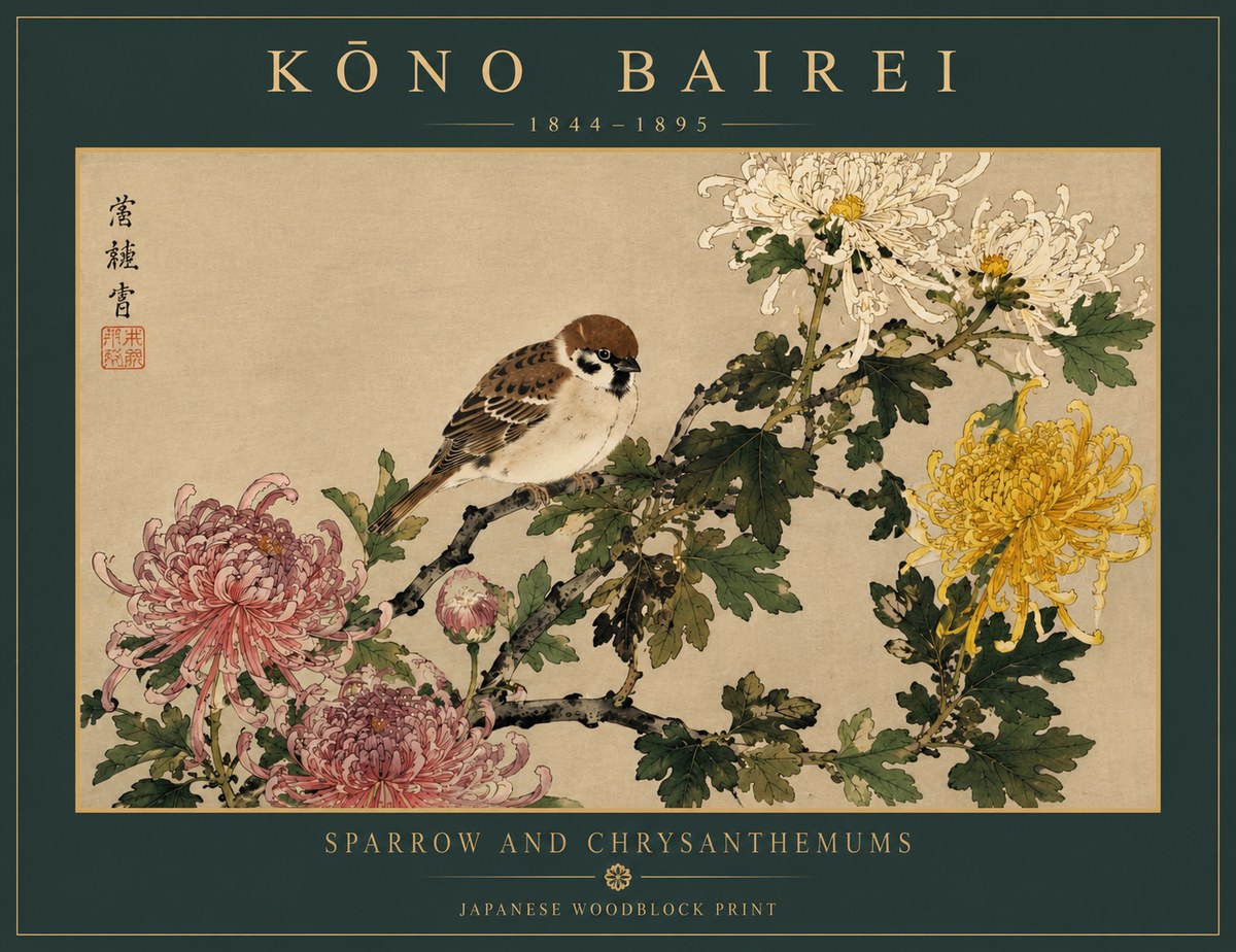 Kōno Bairei Sparrow and Chrysanthemums No5 - Plakát