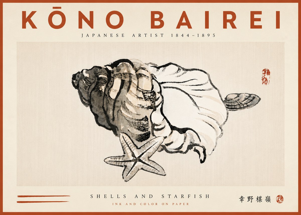 Kōno Bairei Shells and Starfish No6 - Plakát