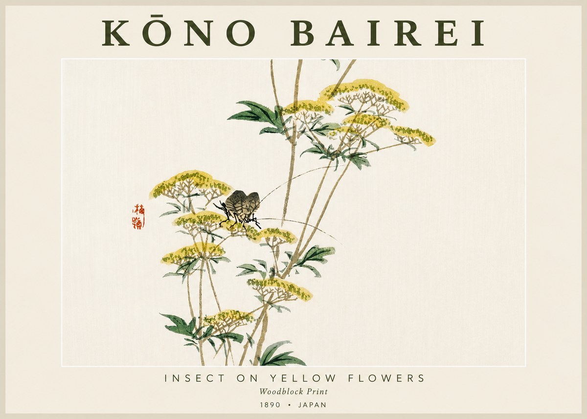 Kōno Bairei Insect on Yellow Flowers No4 - Plakát