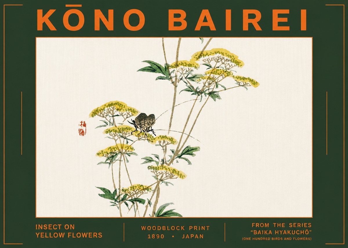 Kōno Bairei Insect on Yellow Flowers No6 - Plakát