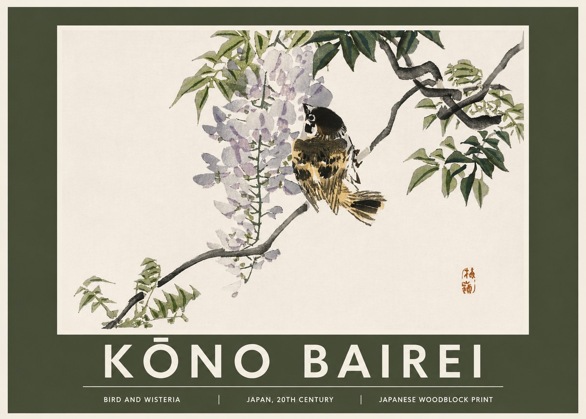 Kōno Bairei Wisteria and Bird No3 - Plakát