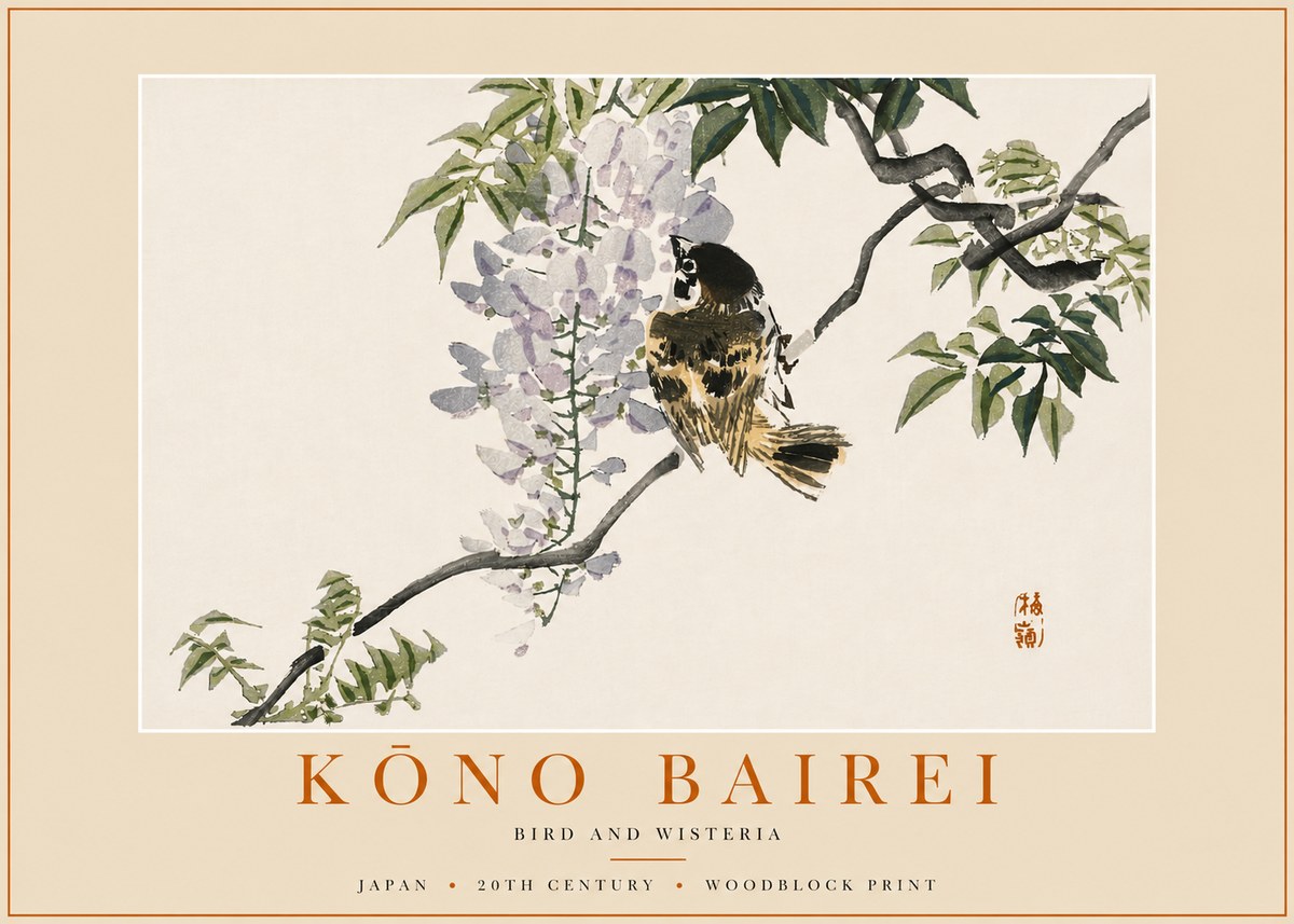 Kōno Bairei Wisteria and Bird No6 - Plakát