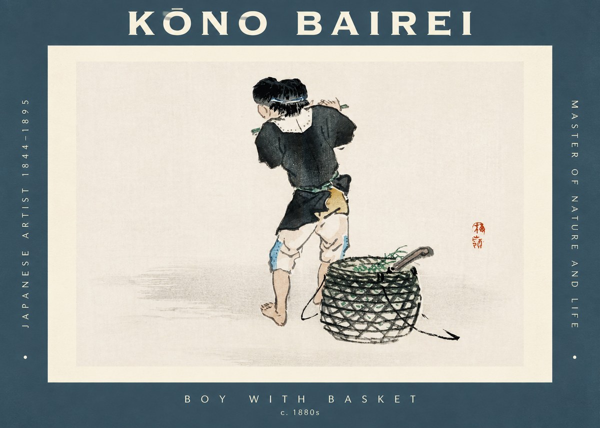 Kōno Bairei Boy with Basket No2 - Plakát
