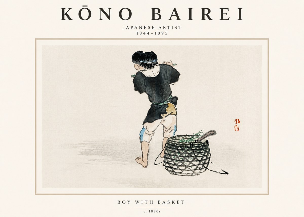 Kōno Bairei Boy with Basket No3 - Plakát