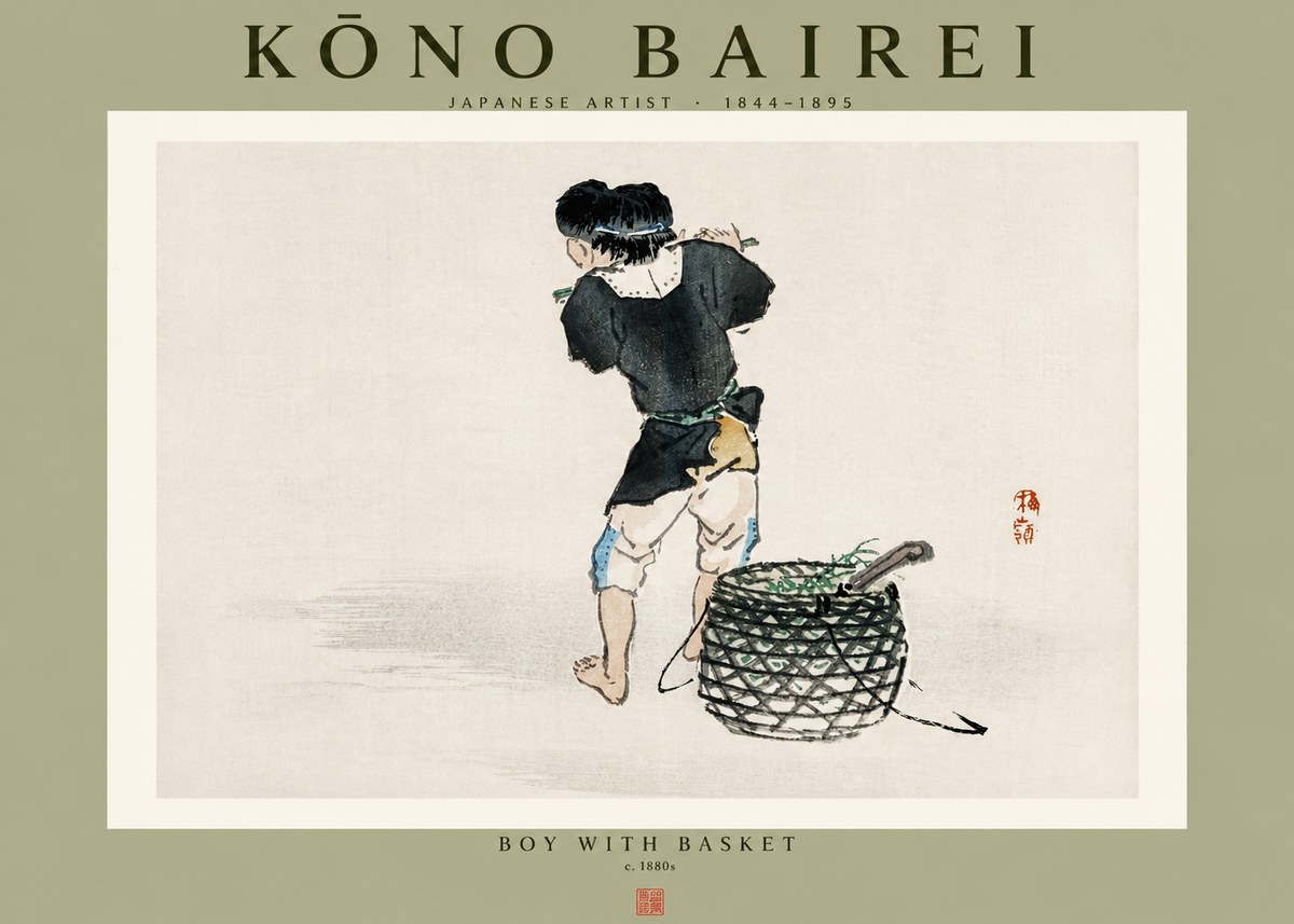 Kōno Bairei Boy with Basket No4 - Plakát