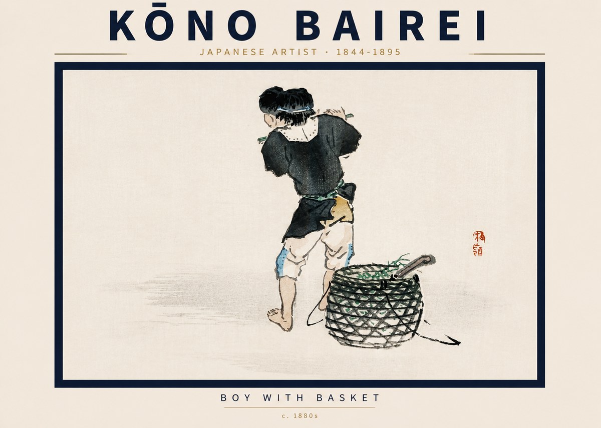 Kōno Bairei Boy with Basket No5 - Plakát