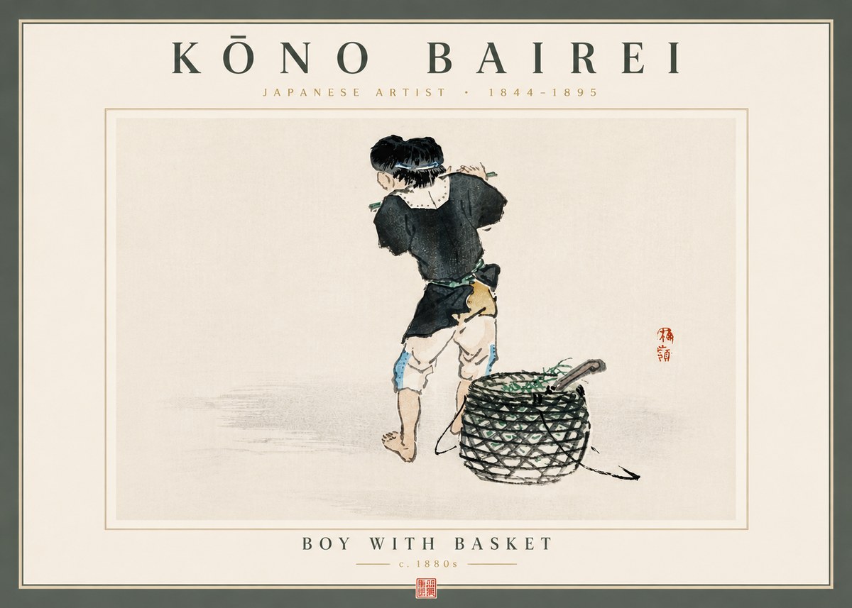 Kōno Bairei Boy with Basket No6 - Plakát