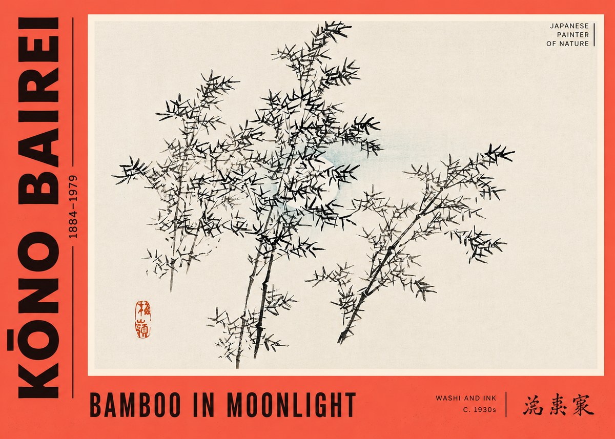 Kōno Bairei Bamboo in Moonlight No4 - Plakát