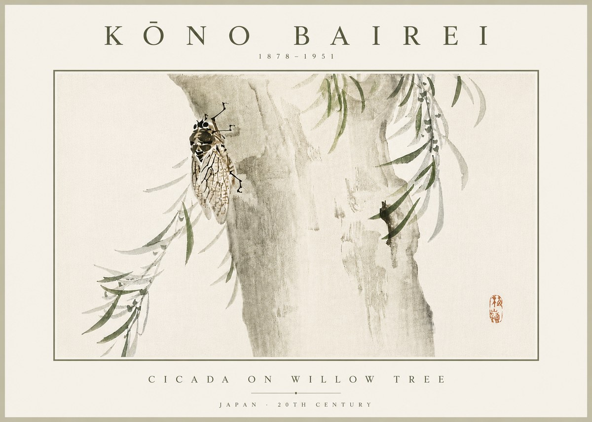 Kōno Bairei Cicada on Willow Tree No5 - Plakát