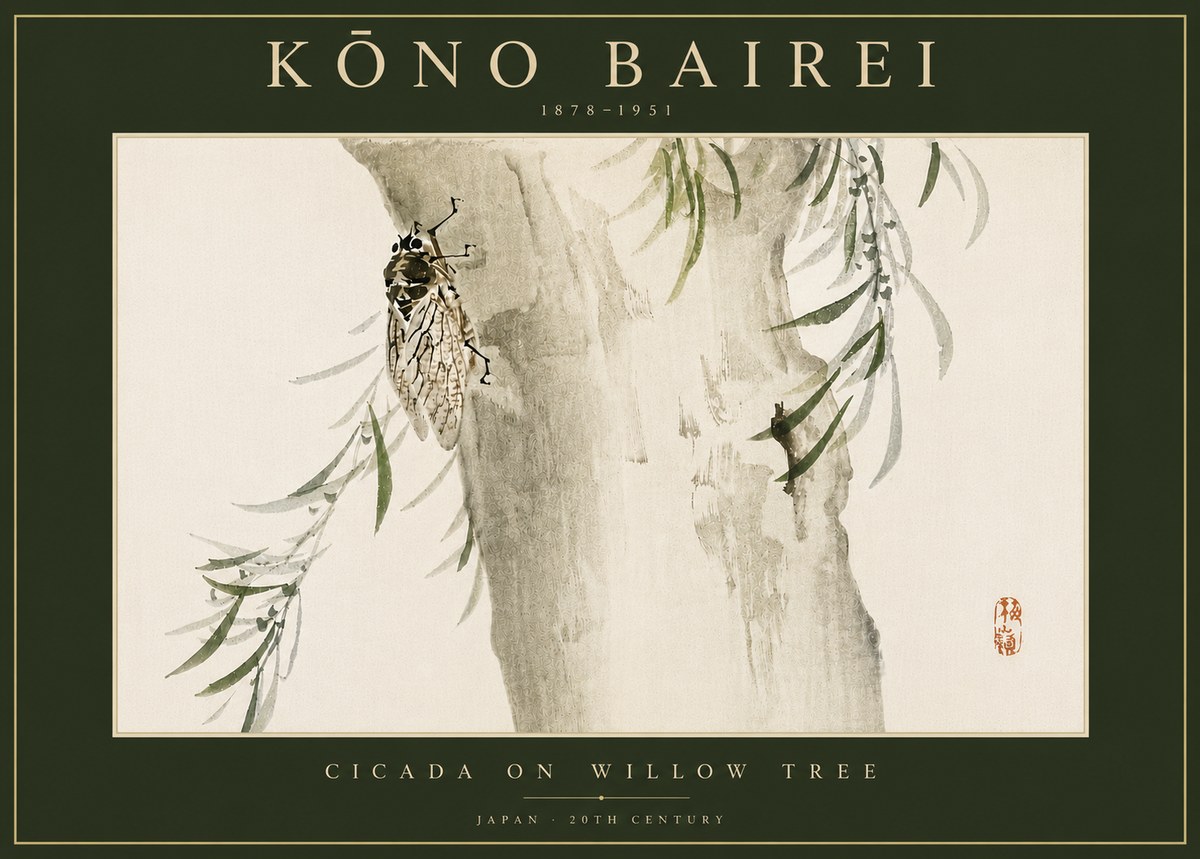 Kōno Bairei Cicada on Willow Tree No6 - Plakát