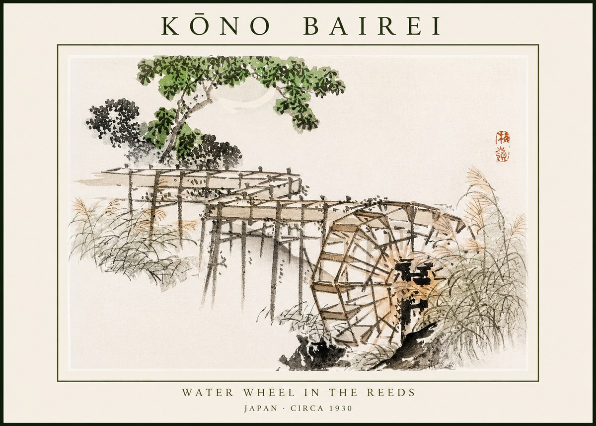 Kōno Bairei Water Wheel in the Reeds No1 - Plakát