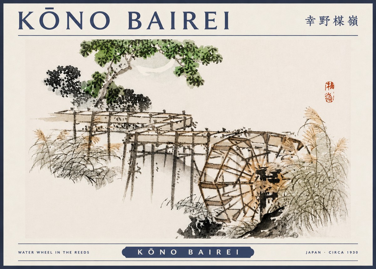 Kōno Bairei Water Wheel in the Reeds No3 - Plakát