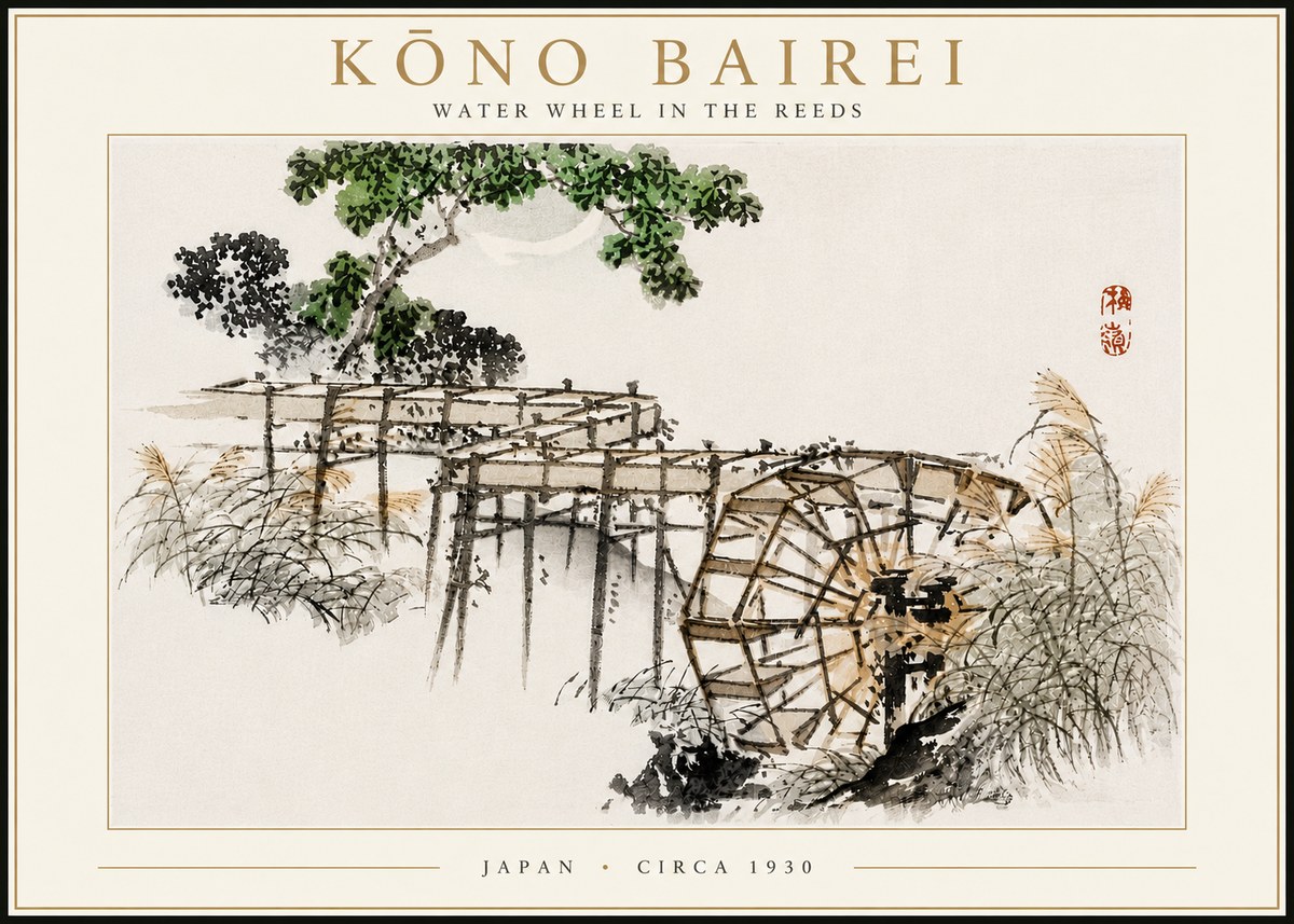 Kōno Bairei Water Wheel in the Reeds No4 - Plakát