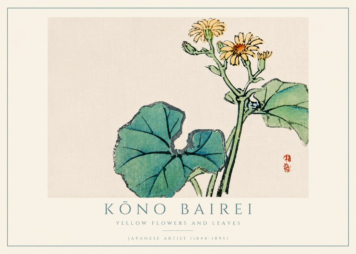Kōno Bairei Yellow Flowers and Leaves No4 - Plakát