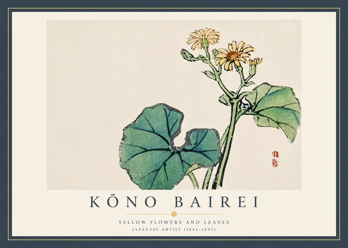 Kōno Bairei Yellow Flowers and Leaves No5 - Plakát