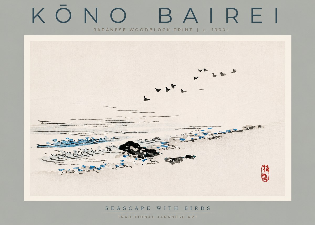 Kōno Bairei Seascape with Birds No3 - Plakát