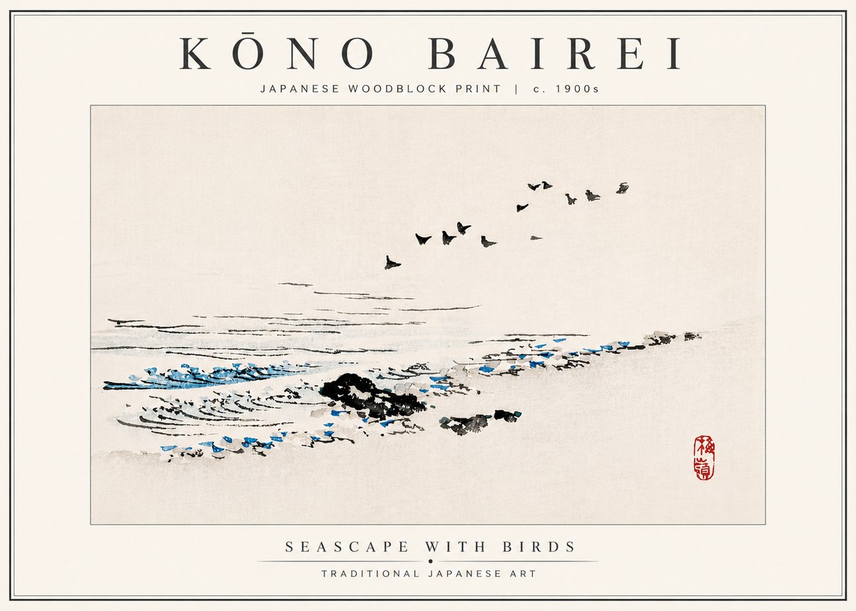 Kōno Bairei Seascape with Birds No4 - Plakát