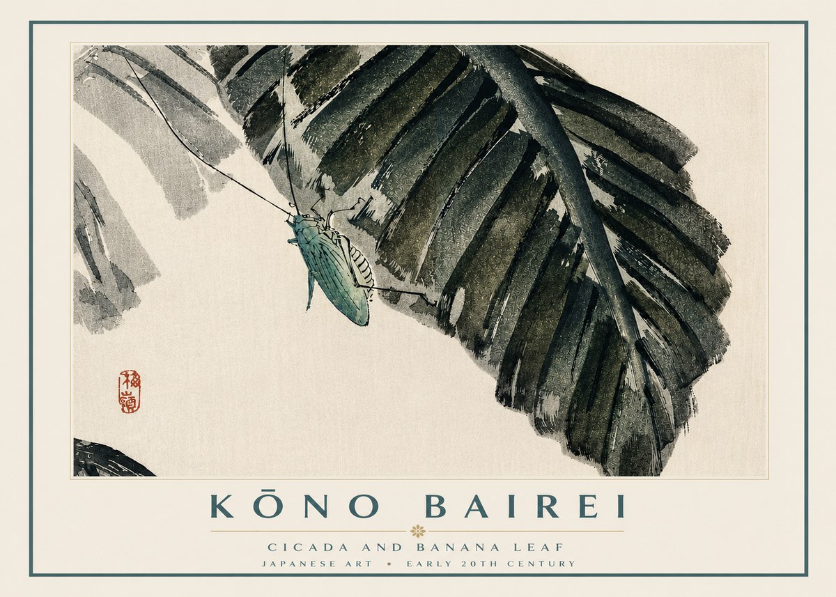 Kōno Bairei Cicada and Banana Leaf No3 - Plakát