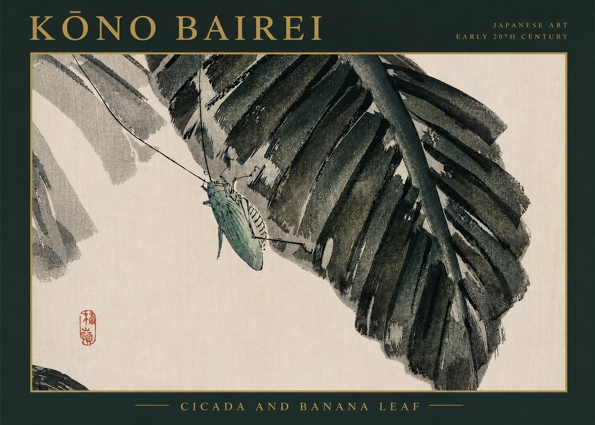 Kōno Bairei Cicada and Banana Leaf No4 - Plakát