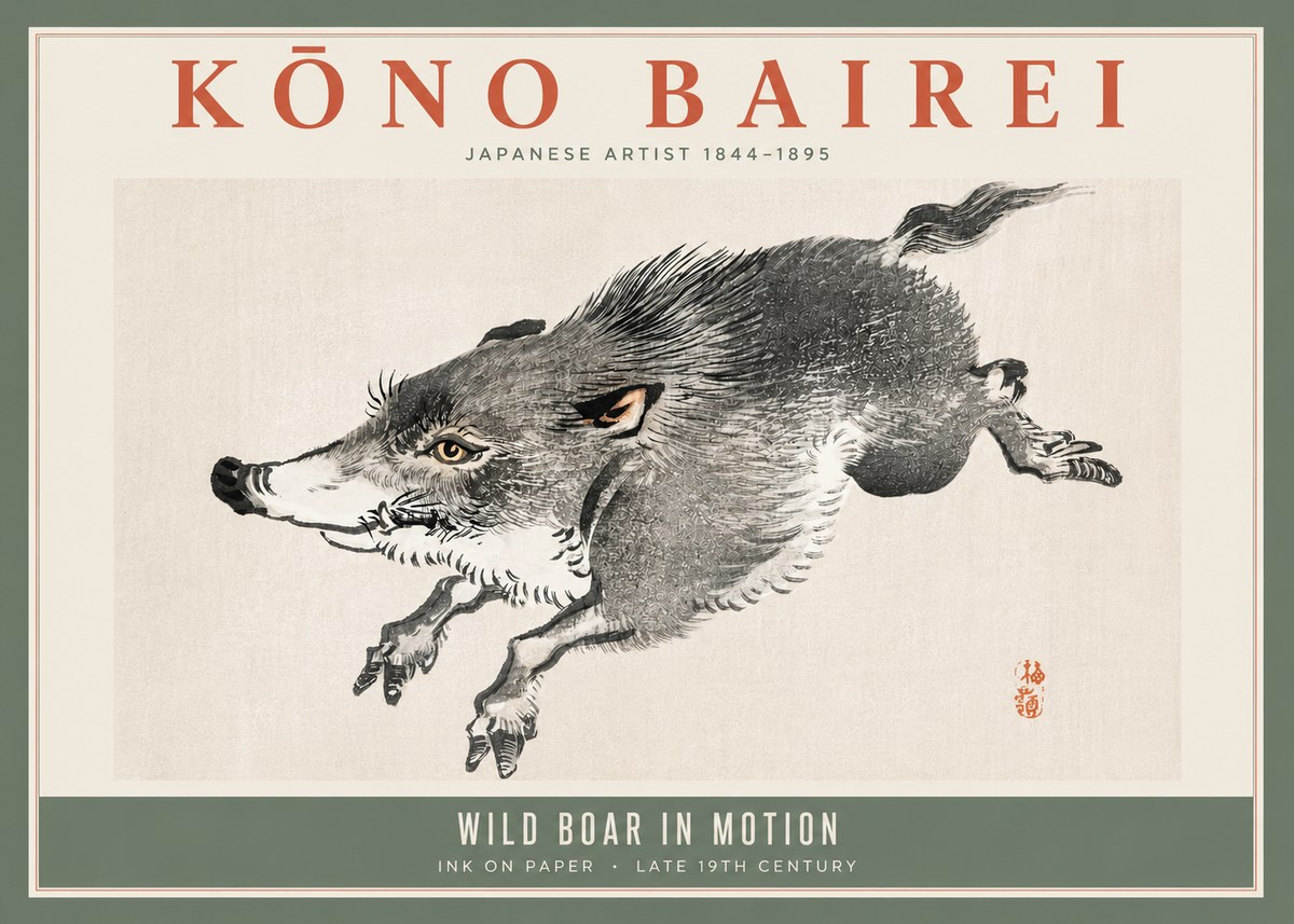 Kōno Bairei Wild Boar in Motion No5 - Plakát