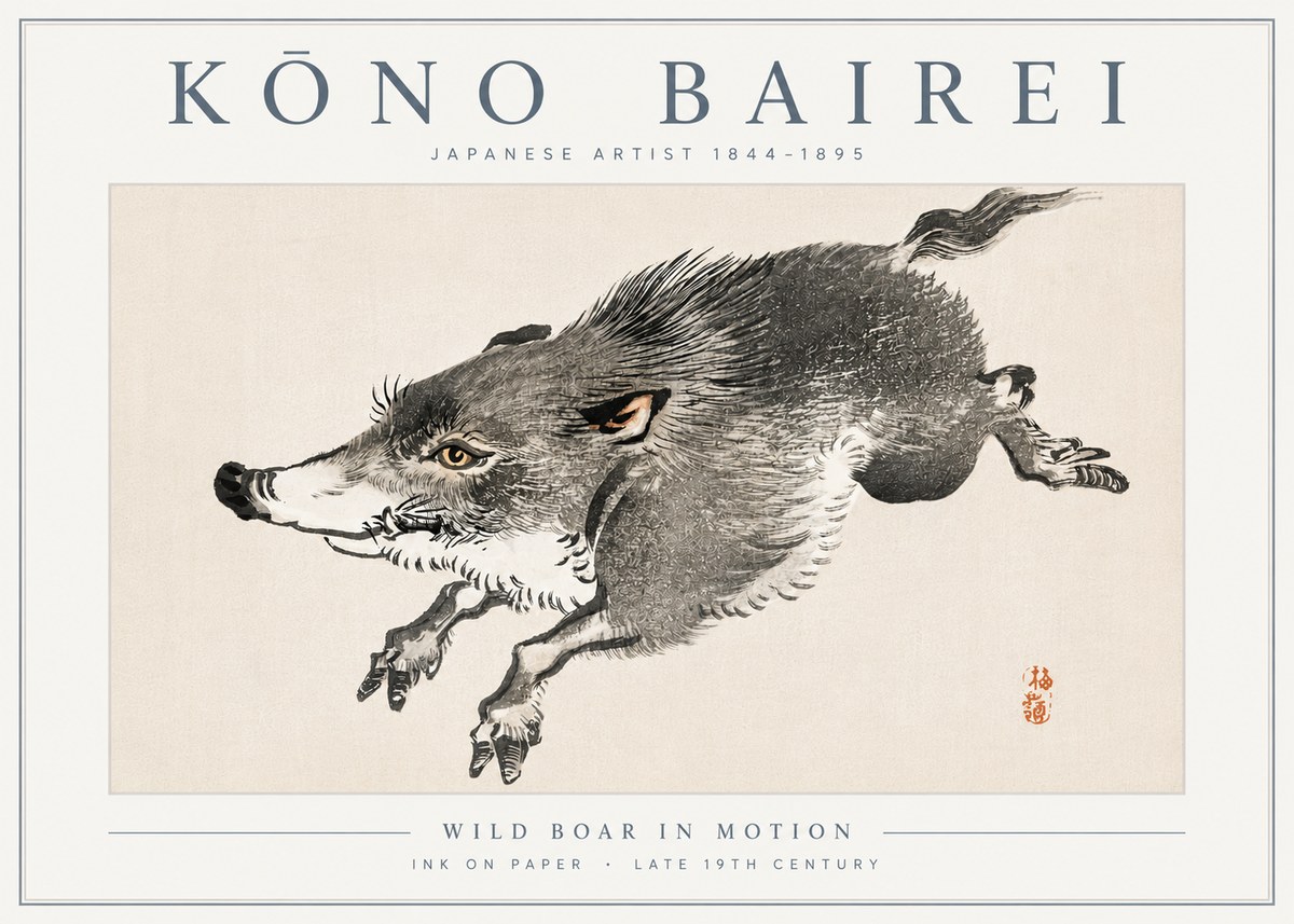 Kōno Bairei Wild Boar in Motion No6 - Plakát