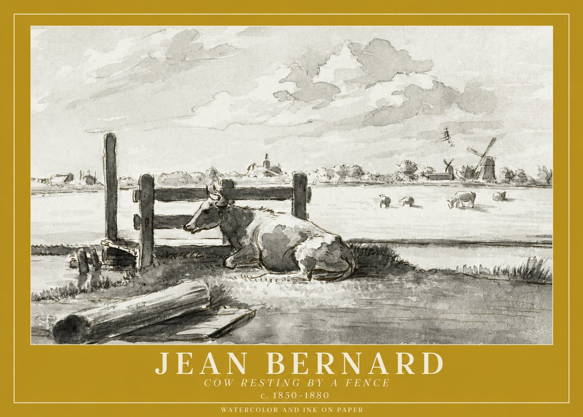 Jean Bernard Cow Resting by a Fence No1 - Plakát