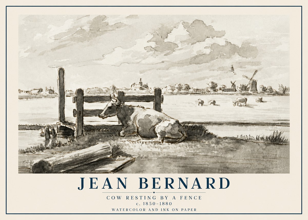 Jean Bernard Cow Resting by a Fence No2 - Plakát