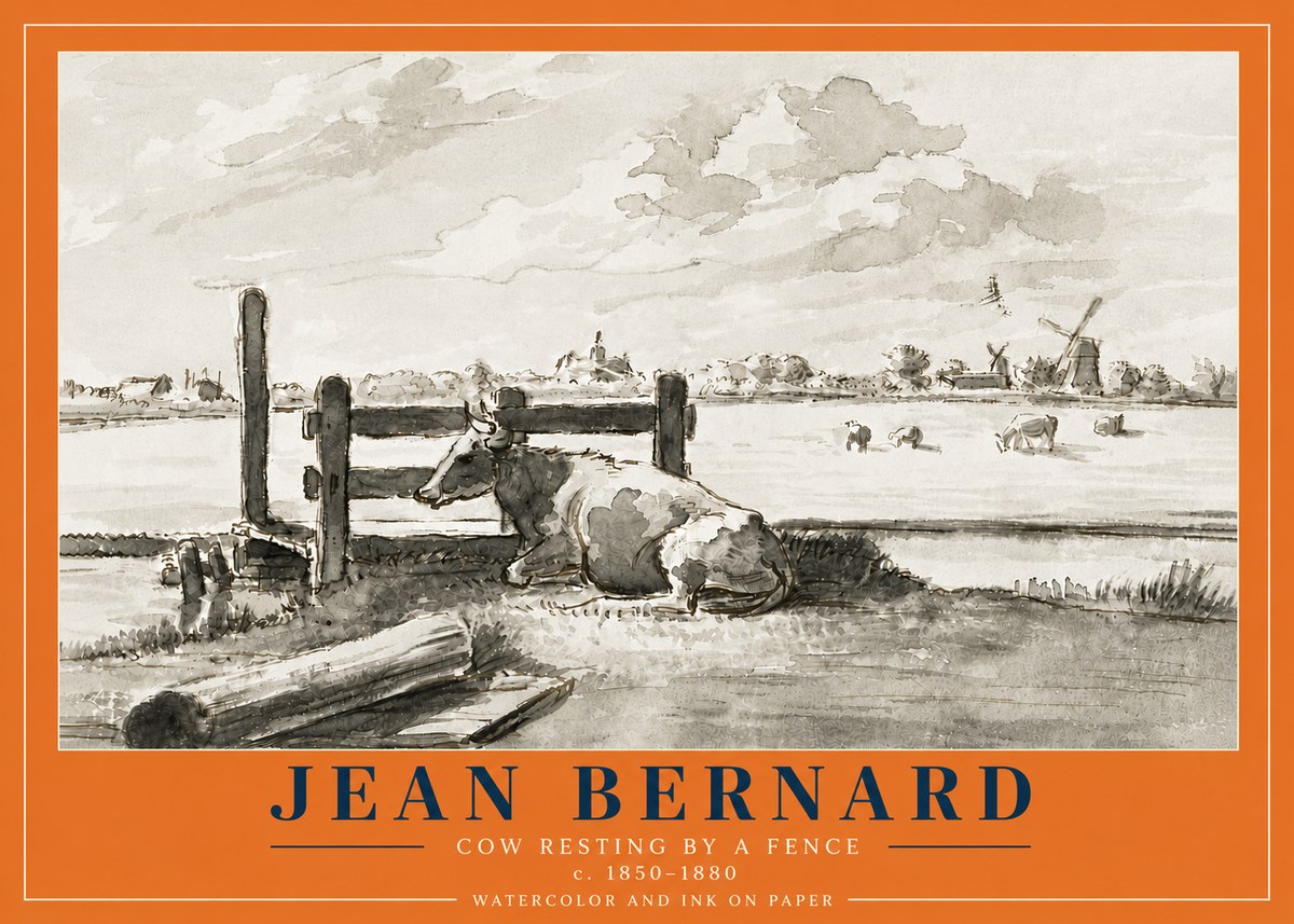 Jean Bernard Cow Resting by a Fence No6 - Plakát