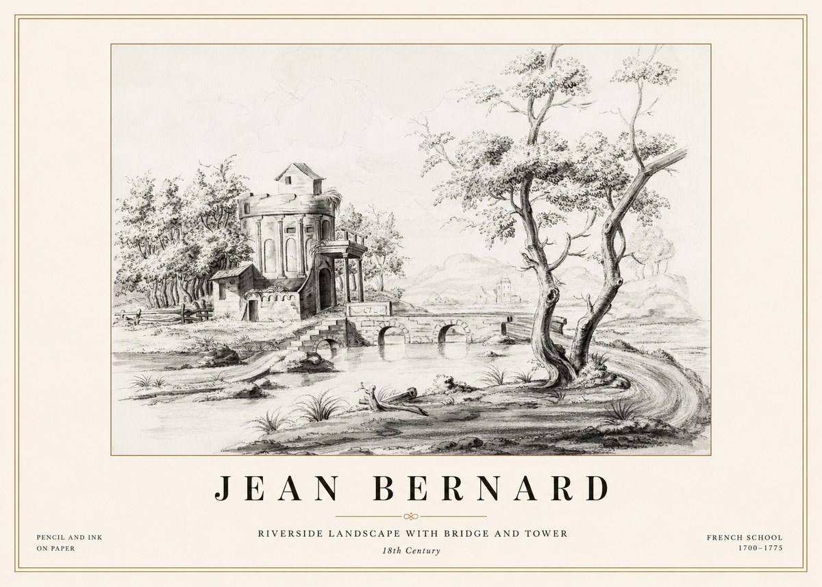 Jean Bernard Riverside Landscape with Bridge and Tower No1 - Plakát