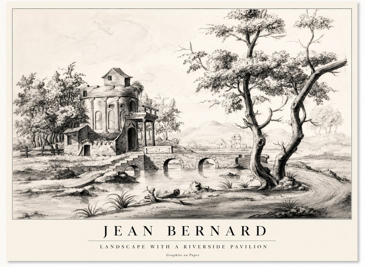 Jean Bernard Riverside Landscape with Bridge and Tower No2 - Plakát