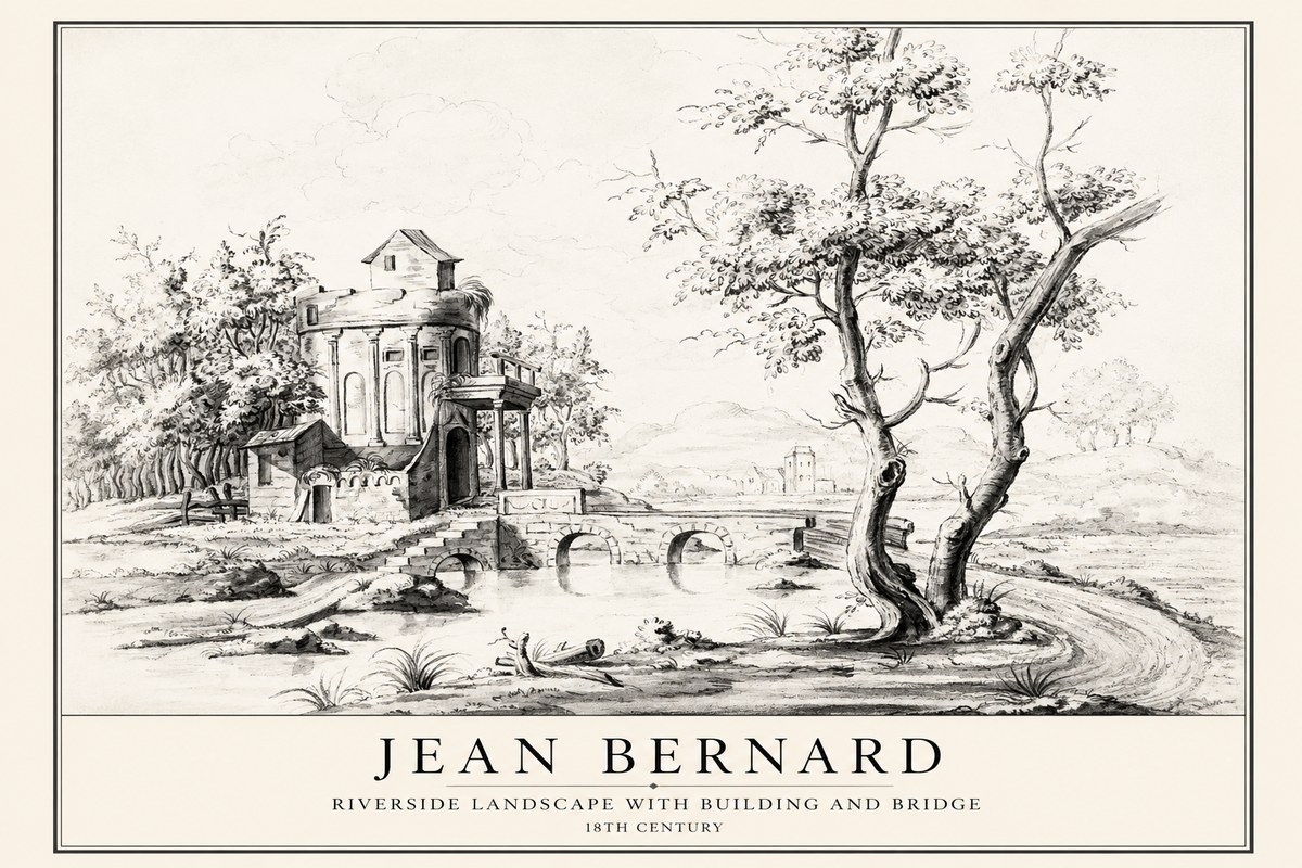 Jean Bernard Riverside Landscape with Bridge and Tower No4 - Plakát