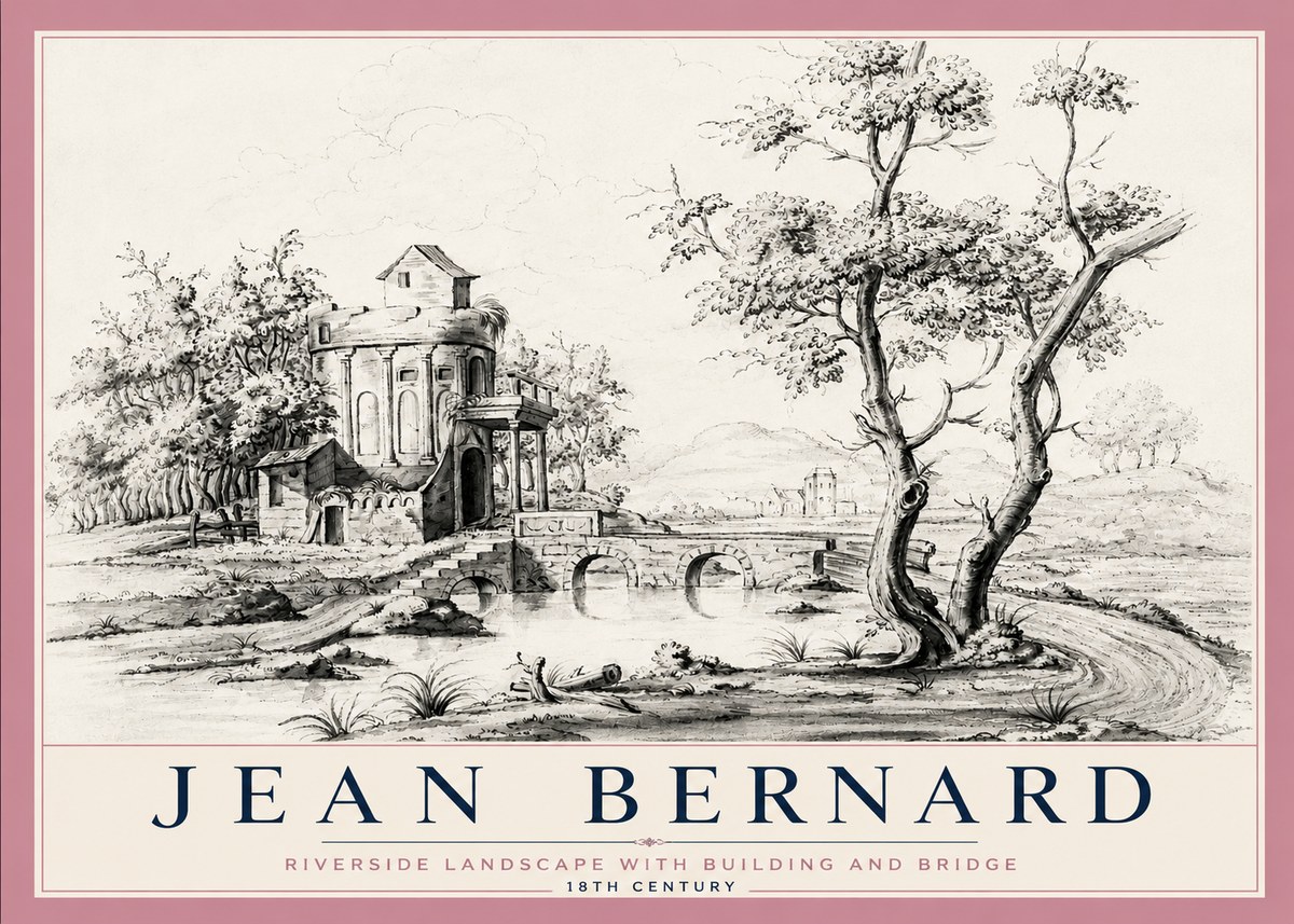 Jean Bernard Riverside Landscape with Bridge and Tower No6 - Plakát